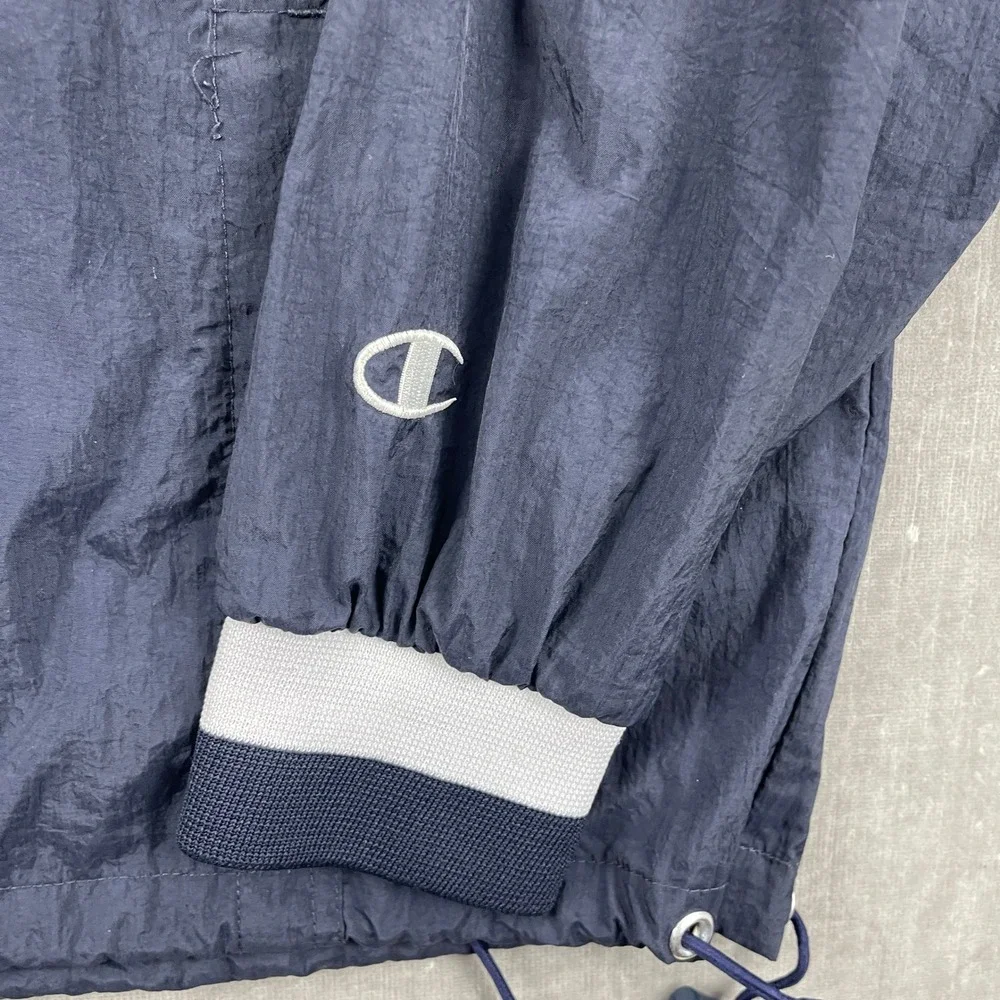 Vintage Champion Men Large Navy Blue Windbreaker Pullover V-Neck Kangaroo Pocket